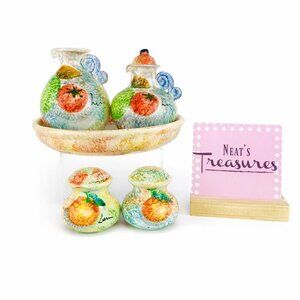1995 The Cellar FPO Italy Sponge Fruit Salt Pepper Set Cruet Oil Vinegar W Tray